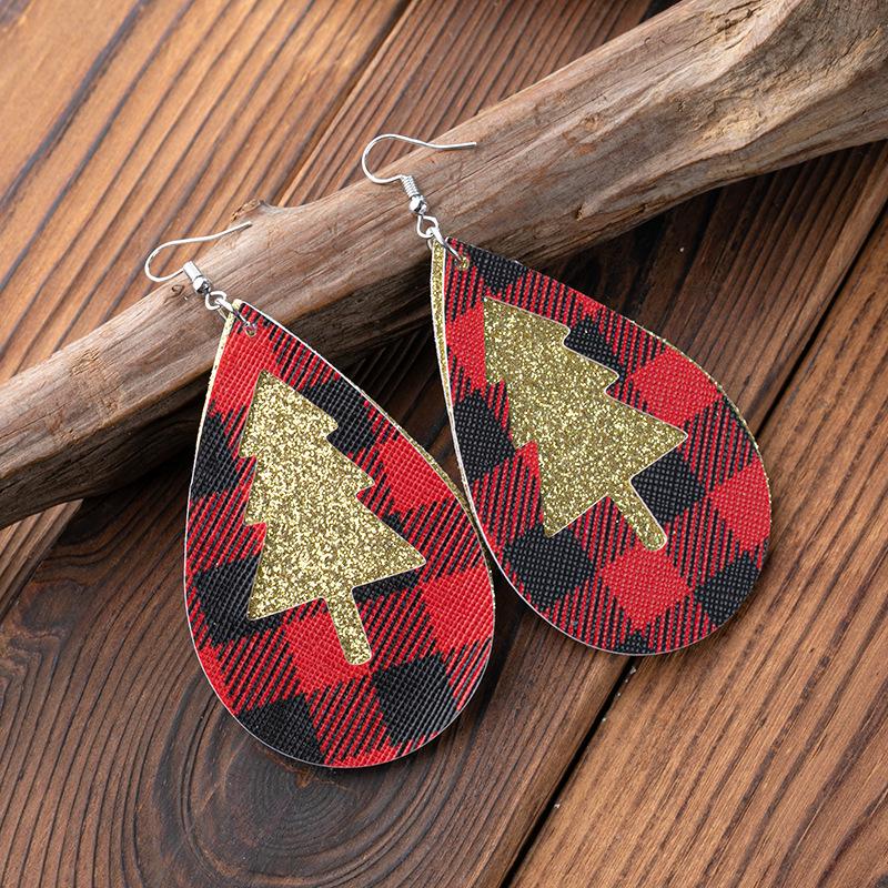 Dual-Layer Glitter Plaid & Hollow Christmas Tree Leather Earrings