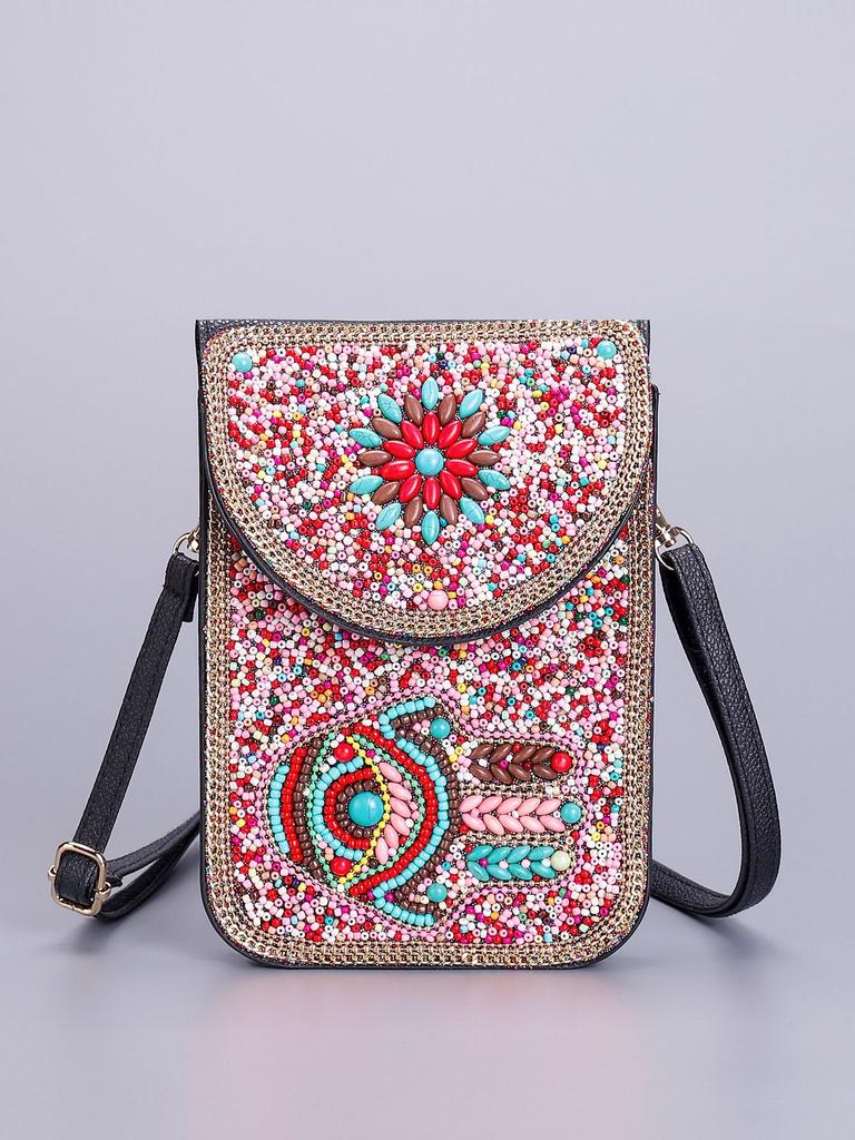 Butterfly & Flower Pattern Retro Ethnic Style 2026 New Handmade Beaded PU Crossbody Mini Phone Bag Women's Shoulder Purse
