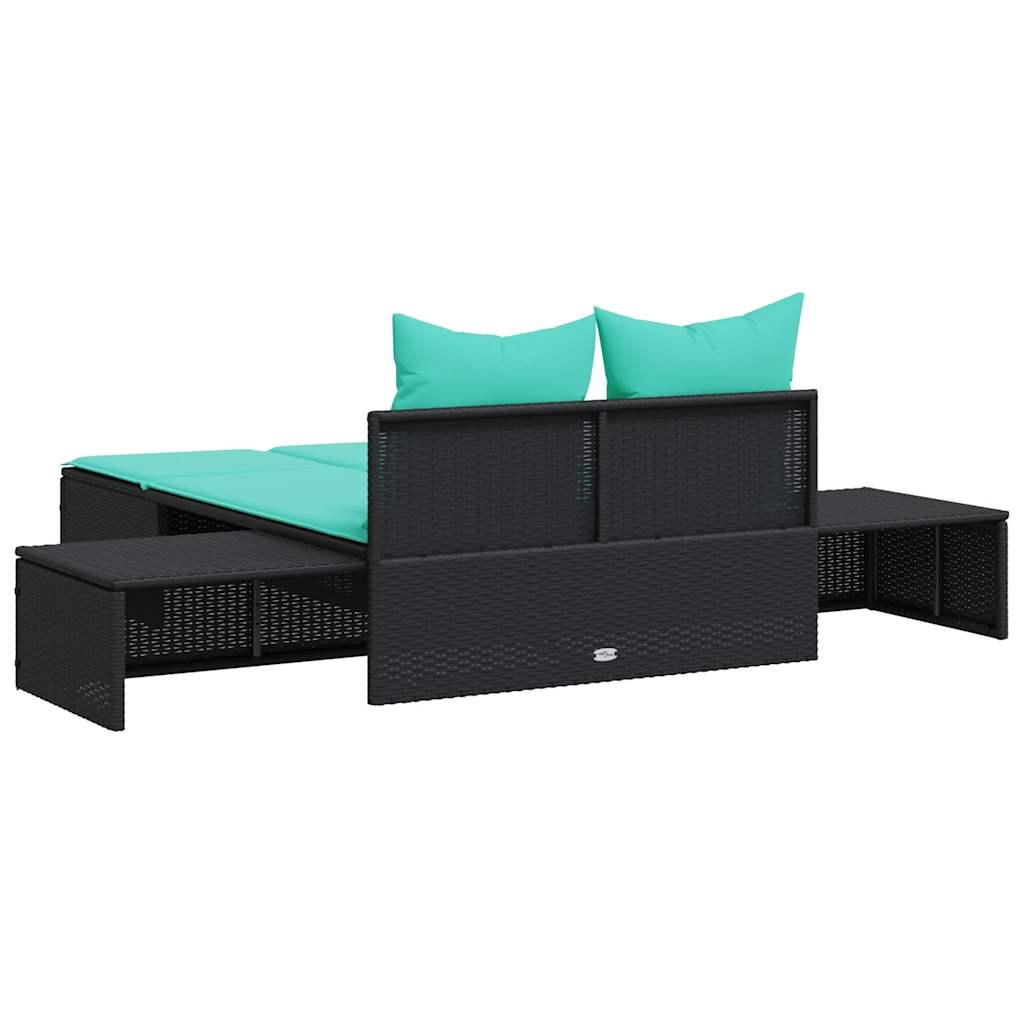 Double Sun Lounger with Cushions Black Poly Rattan