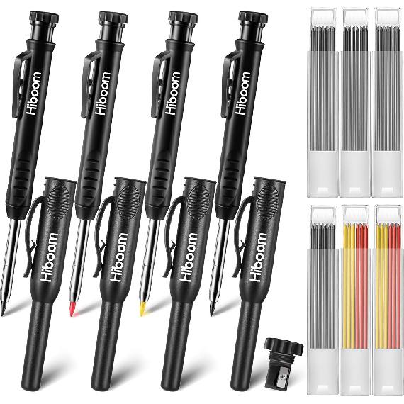 Hiboom 4 Pack Carpenter Pencils with 36 Refills (Red, Black, Yellow), 2.8 mm Heavy Duty Woodworking Marking Tool Built In Sharpener Ideal for Marking
