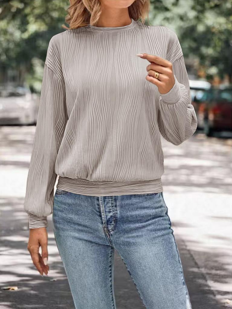 Женская модная футболка с заниженной линией плеч, с длинным рукавом, с текстурой, с круглым вырезом, повседневный топ