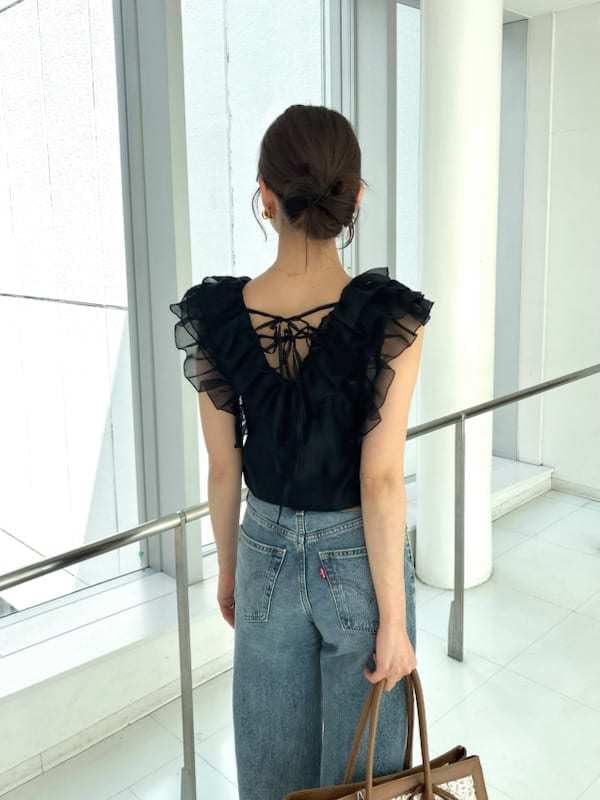 Snidel Блузка без рукавов с оборками Черная Женская SWFB252008,