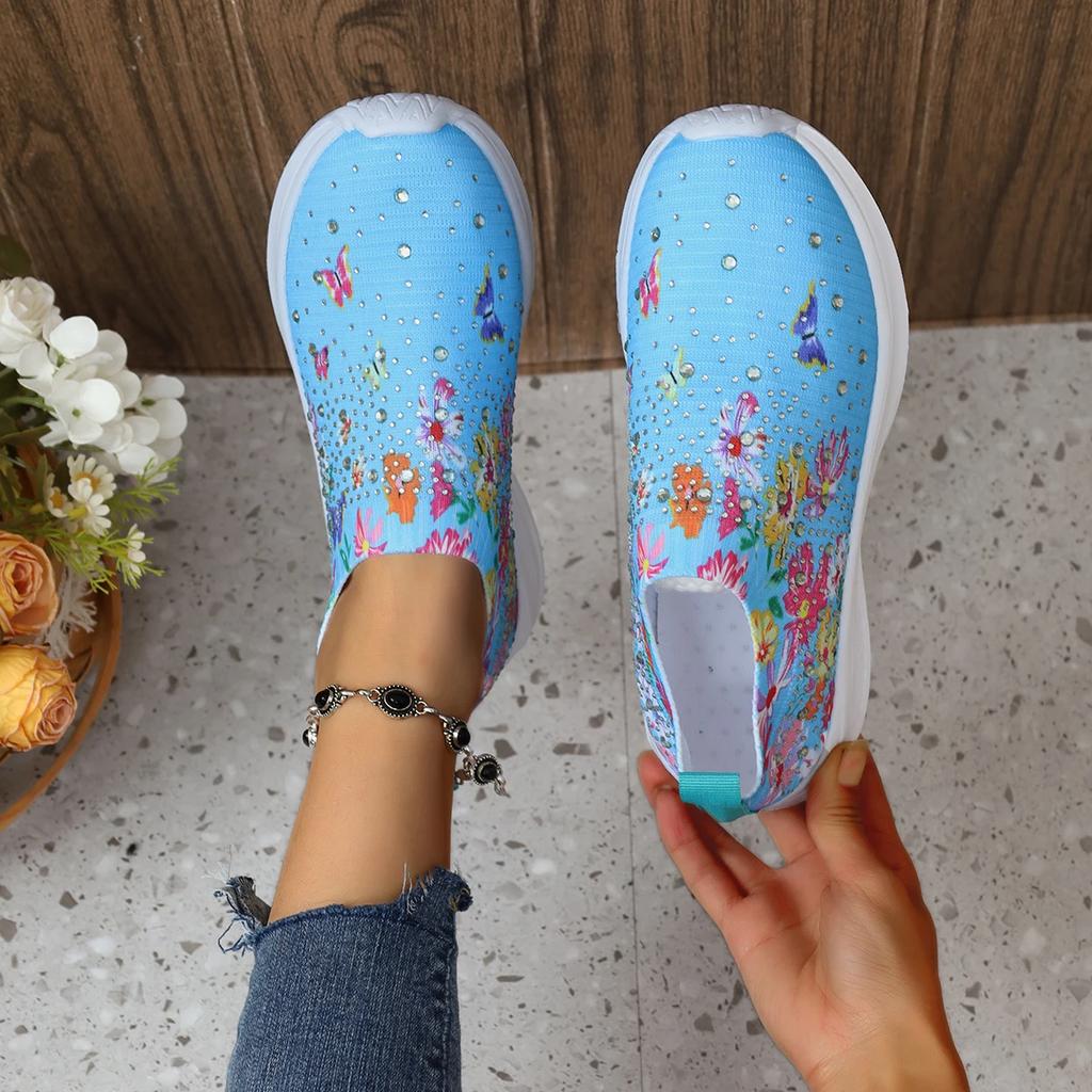 Fashion Print Flower Shoes Women Causal Sneakers Slip On Mesh Flats Autumn Platform Shoes Leather Cashmere Single Shoes Plus Size 43