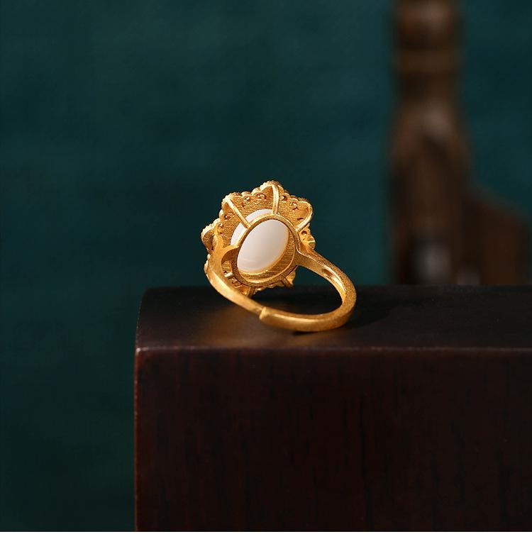 Ethnic Style Adjustable Rose Flower Ring with Gold-Plated Imitation Jade for Women