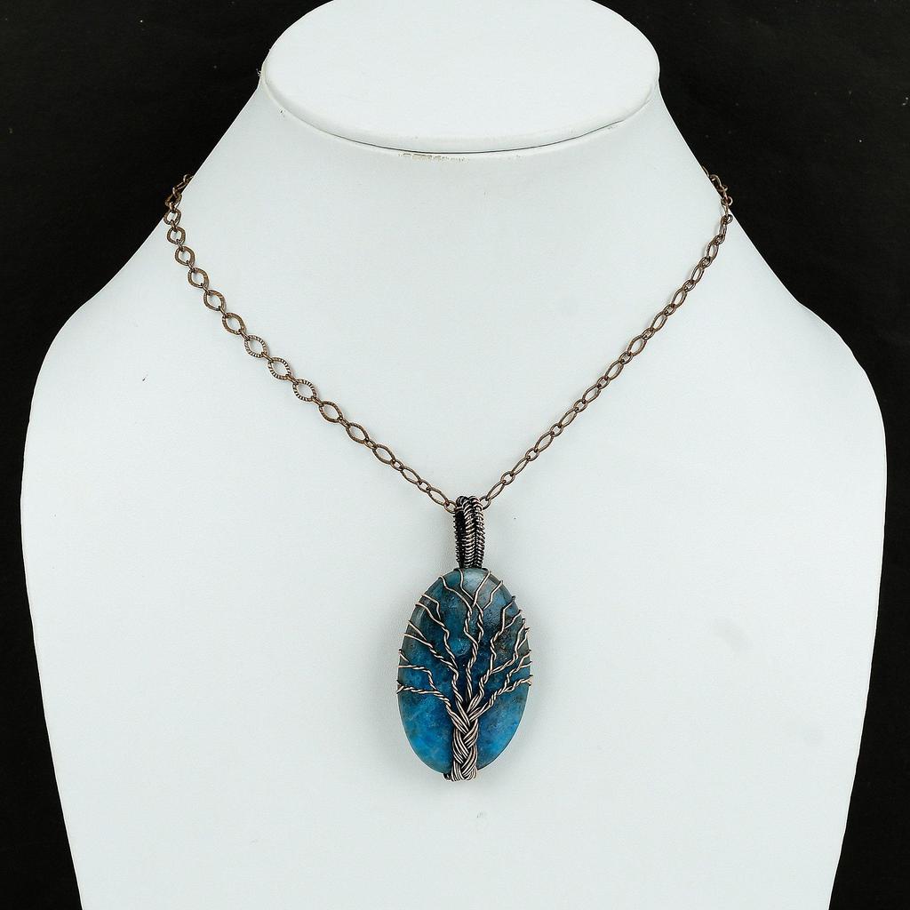 Подвеска из неонового апатита «Дерево жизни», медная проволока, обернутая подвеской, драгоценный камень, медные украшения, антикварный кулон ручной работы, ювелирные изделия из дерева жизни для подарка