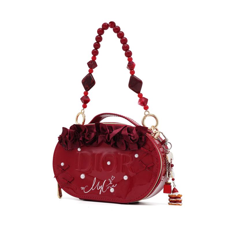 Dior [Индивидуальная косметичка] Кожаная Красная Роза Мечта Ванная Сумка Лакированная Кожа Глянцевая Портативная Изысканные Жемчужины