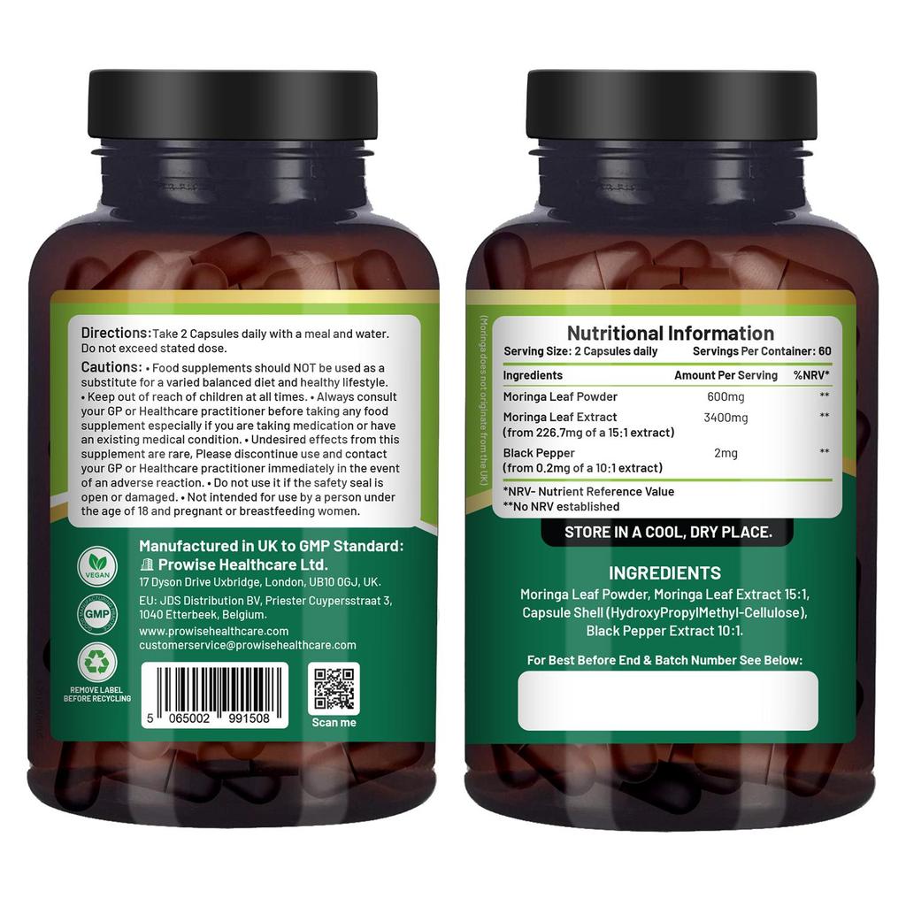 Pure Moringa 4000mg - 120 Vegan Capsules with Black Pepper