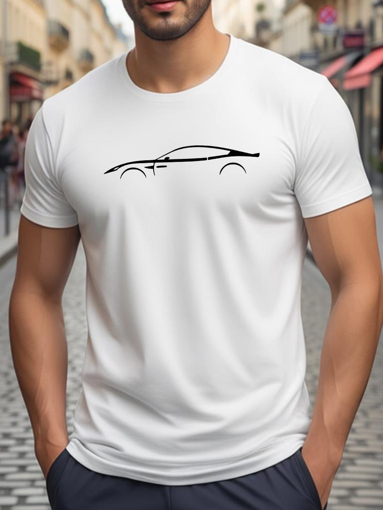 White Short Sleeve Car Silhouette Graphic T-Shirt for Men Casual Daily Wear Comfortable Cotton
