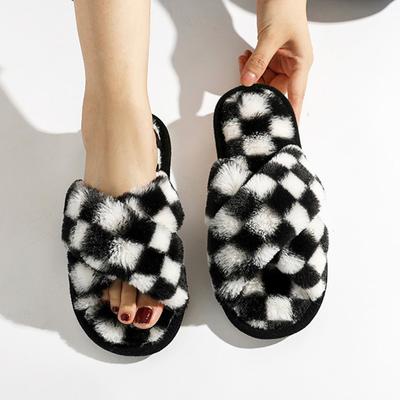 Клетчатые женские тапочки, осенняя мода, клетчатые крестообразные плюшевые тапочки, открытые носки, плоские домашние тапочки, фланелевые теплые домашние хлопковые туфли