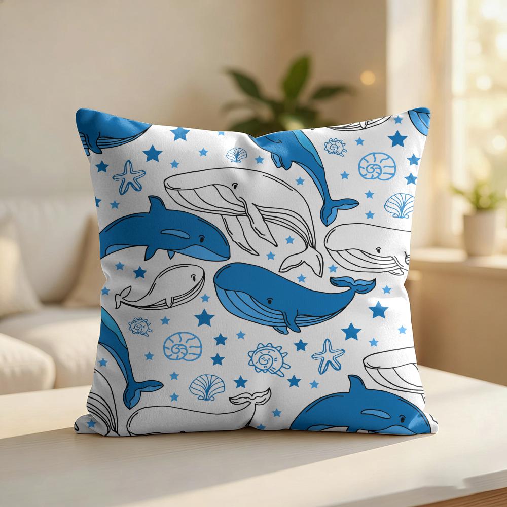 Blue Whales Pattern Cushion Cover Silky Short Plush Invisible Zipper Dustproof Sofa Pillow Case For Home Decor