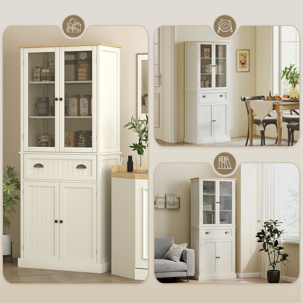 Sideboard Kitchen Storage Unit Kitchen Cabinet 4 Doors Including 2 Glass Doors and 1 Drawer Height 182.5 cm with Adjustable Shelves - Beige