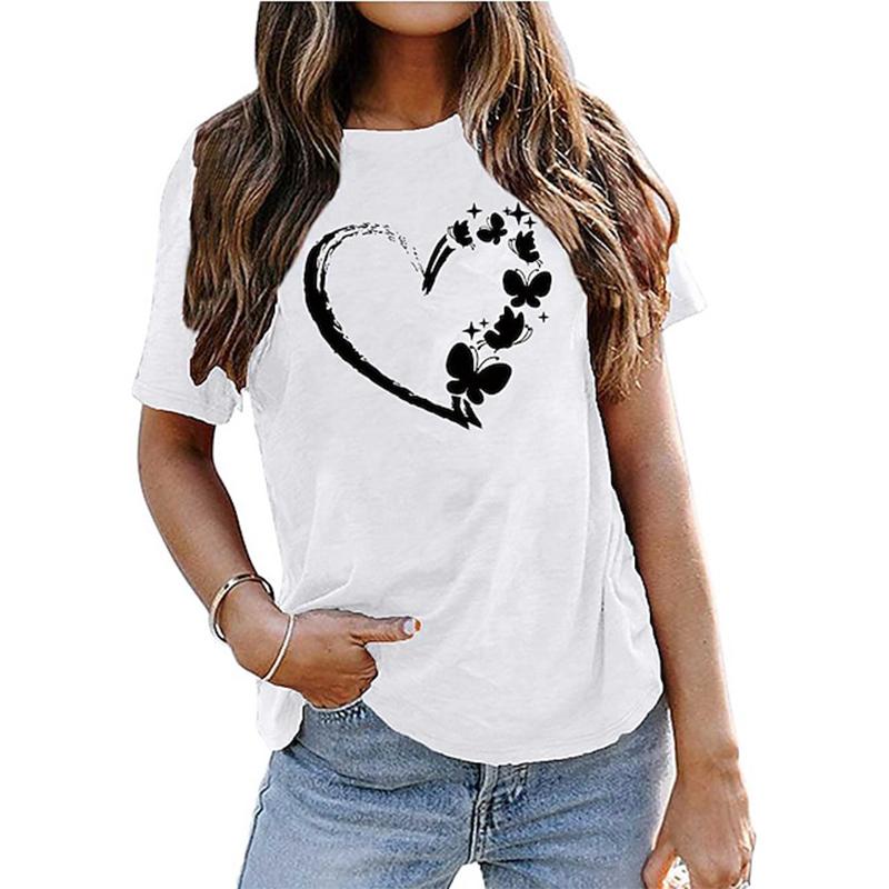Women's Summer T-shirt Blue Heart Printed Short Sleeved T-shirt Casual Printed Top