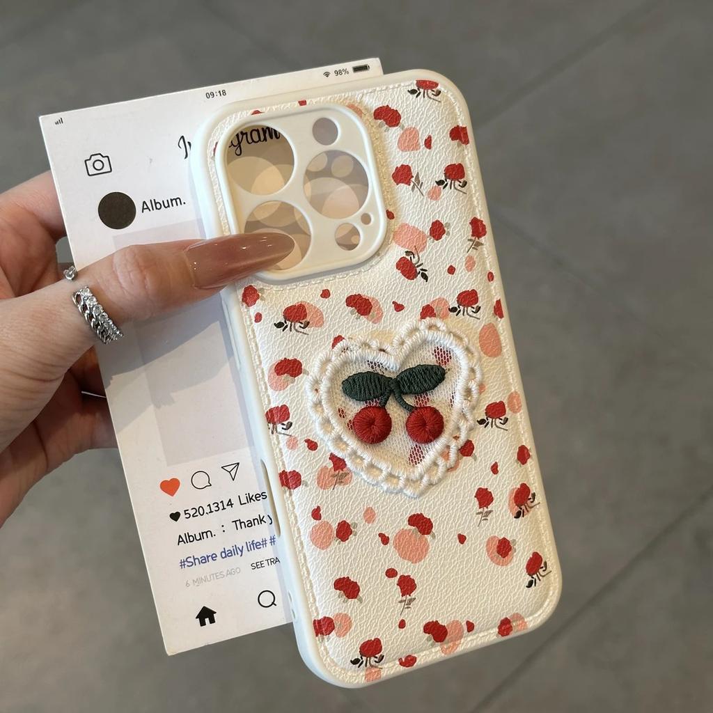 ins floral three-dimensional cherry for Apple 17/16Promax candy air cushion mobile phone case IP15plus women's 14