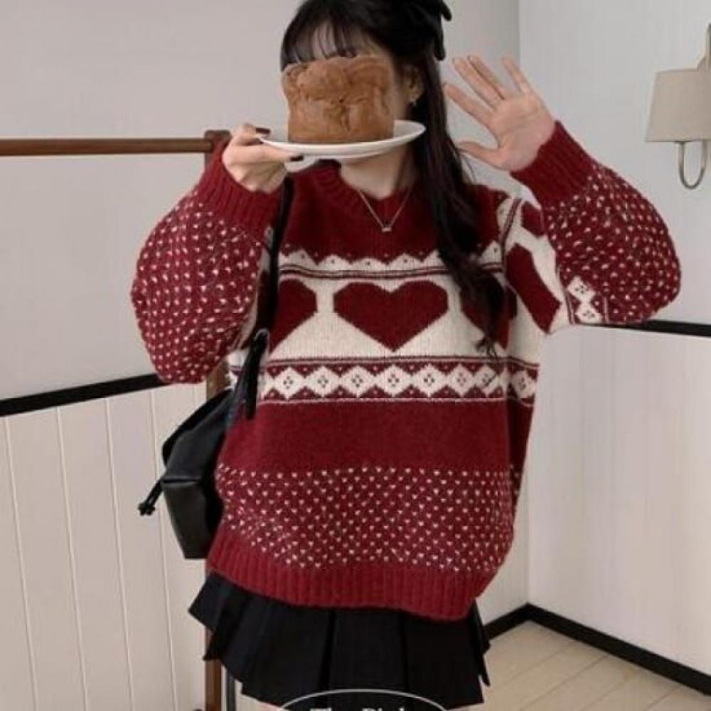 The Pink Loose Fit Heart Color Block Nordic Knit