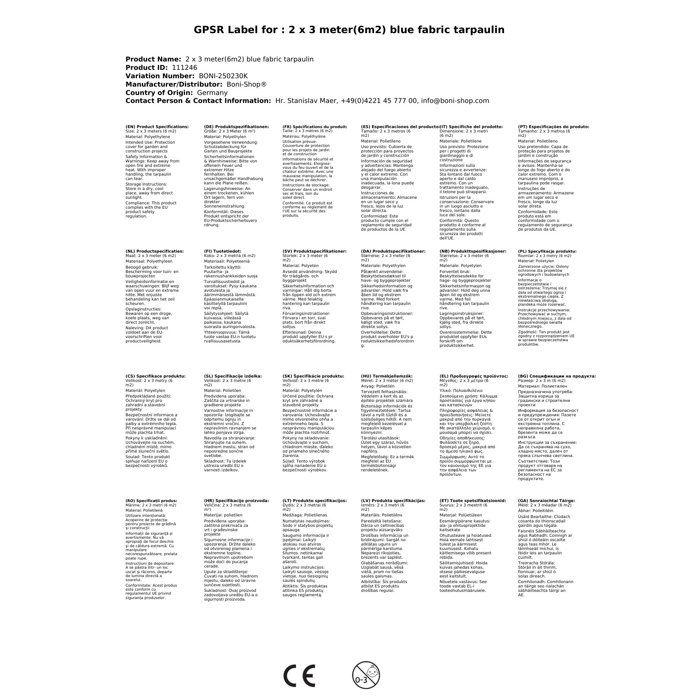 2 x 3 Mètre(6m²) bâche en tissu bleue