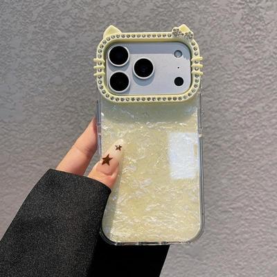 Чехол-ракушка со стразами и кошачьими ушками для iPhone 17 Air, 16 Pro Max, 15/14/13