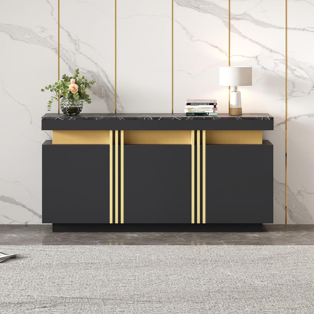 Сервант, кухонный шкаф, 3 дверцы, современная столешница буфета, регулируемая полка, гостиная, столовая, прихожая, вид мрамора, черный
