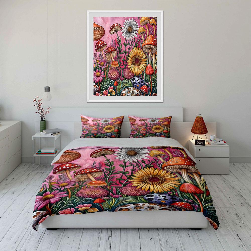Floral and Mushroom Art Set Bedding Set with 1 Duvet Cover 2 Pillowcases Single Double King Queen, Gift