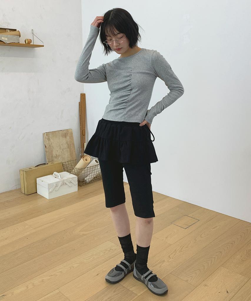 RONRON Smocked Shirring Capri Leggings Pants Black