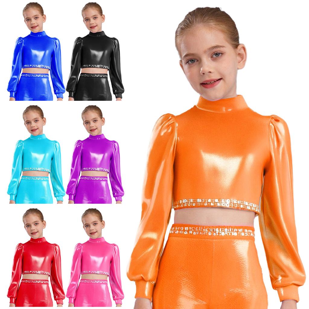 Girls Jazz Dance Top Mock Neck Long Sleeves with Invisible Zipper Back Shiny Rhinestones Metallic Dancewear