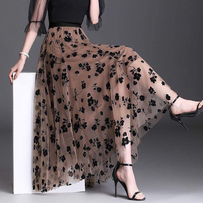 Korean Women Tulle Skirt Fashion Summer Hook Floral Loose Midi Skirt Elegant Female Casual All Match Mesh Skirts