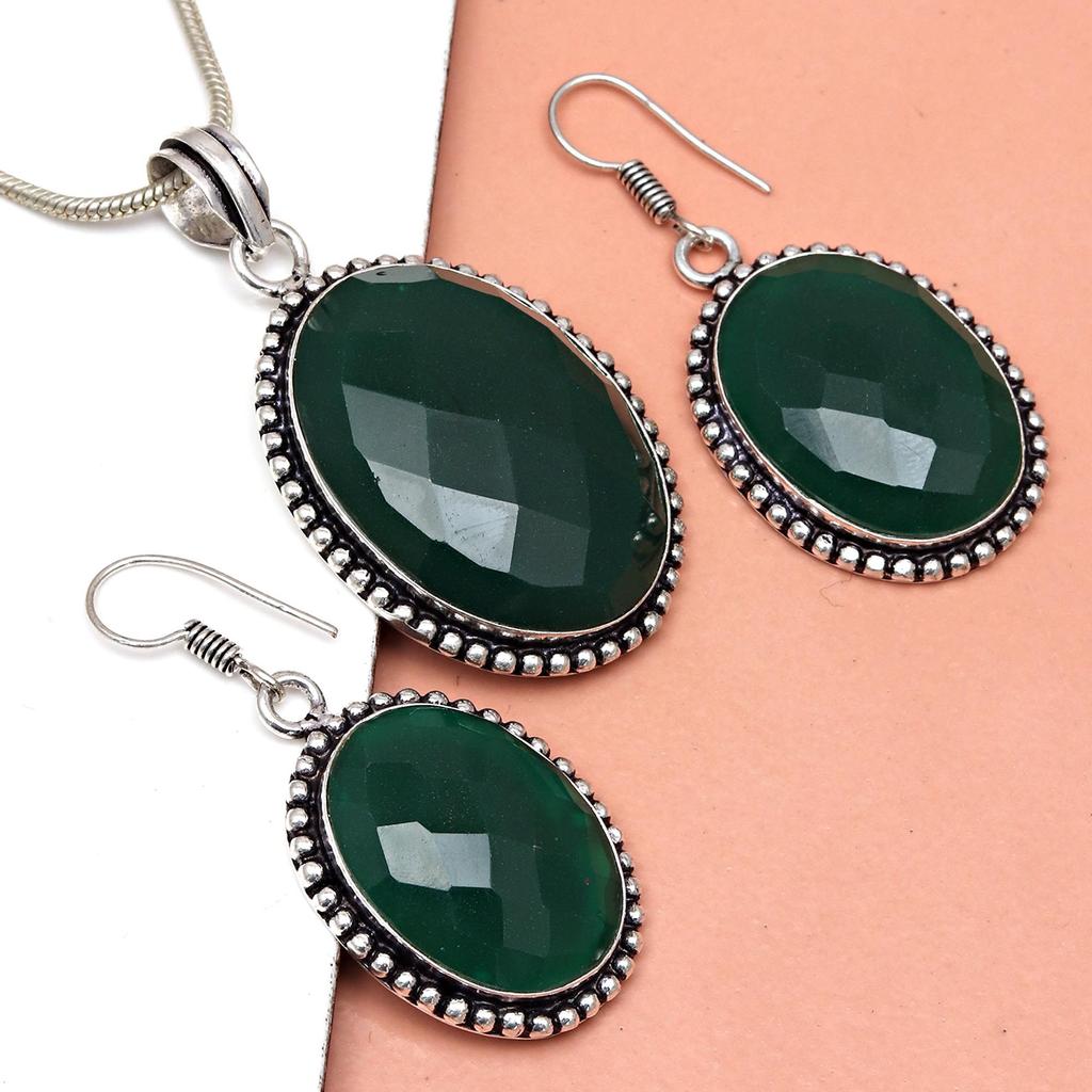 Onyx Green Pendant Set Earrings Jewelry Gemstone Handmade Ethnic