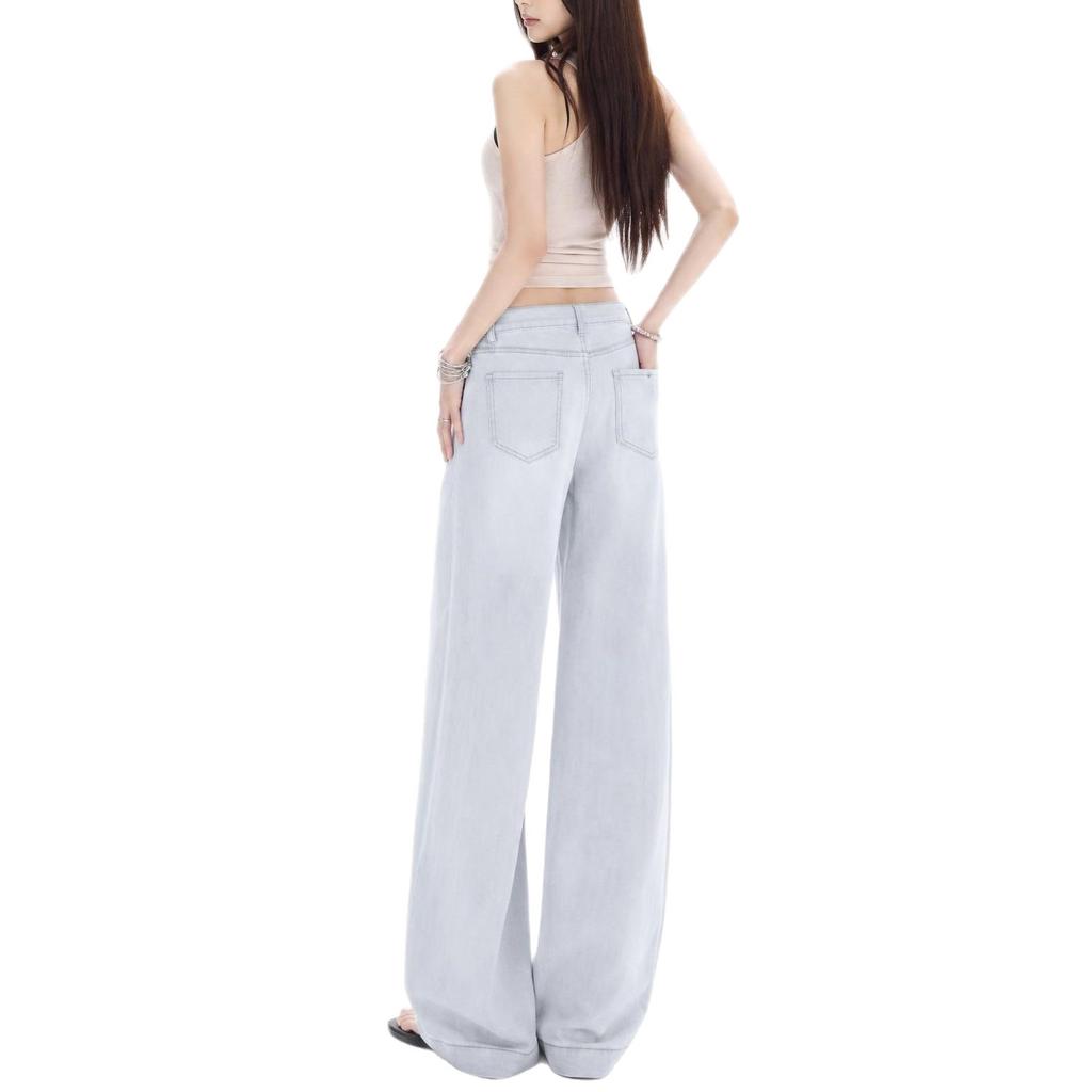 Morandi gray narrow version straight pants jeans women's summer thin high waist elastic thin legs straight pants women