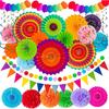 35PCS Fiesta Paper Fan Party Decorations Set - Cinco De Mayo Pom Poms,Pennant,Garland String,Banner,Hanging Swirls Decor Supplies,Multicolored