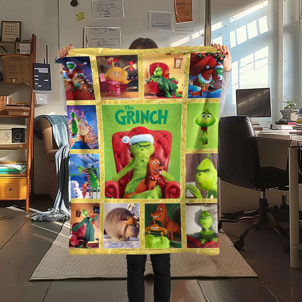 Christmas Grinch Cartoon printing Flannel Blanket Bedroom Sofa Camping Warm blanket Gifts for family and friends-MJ013