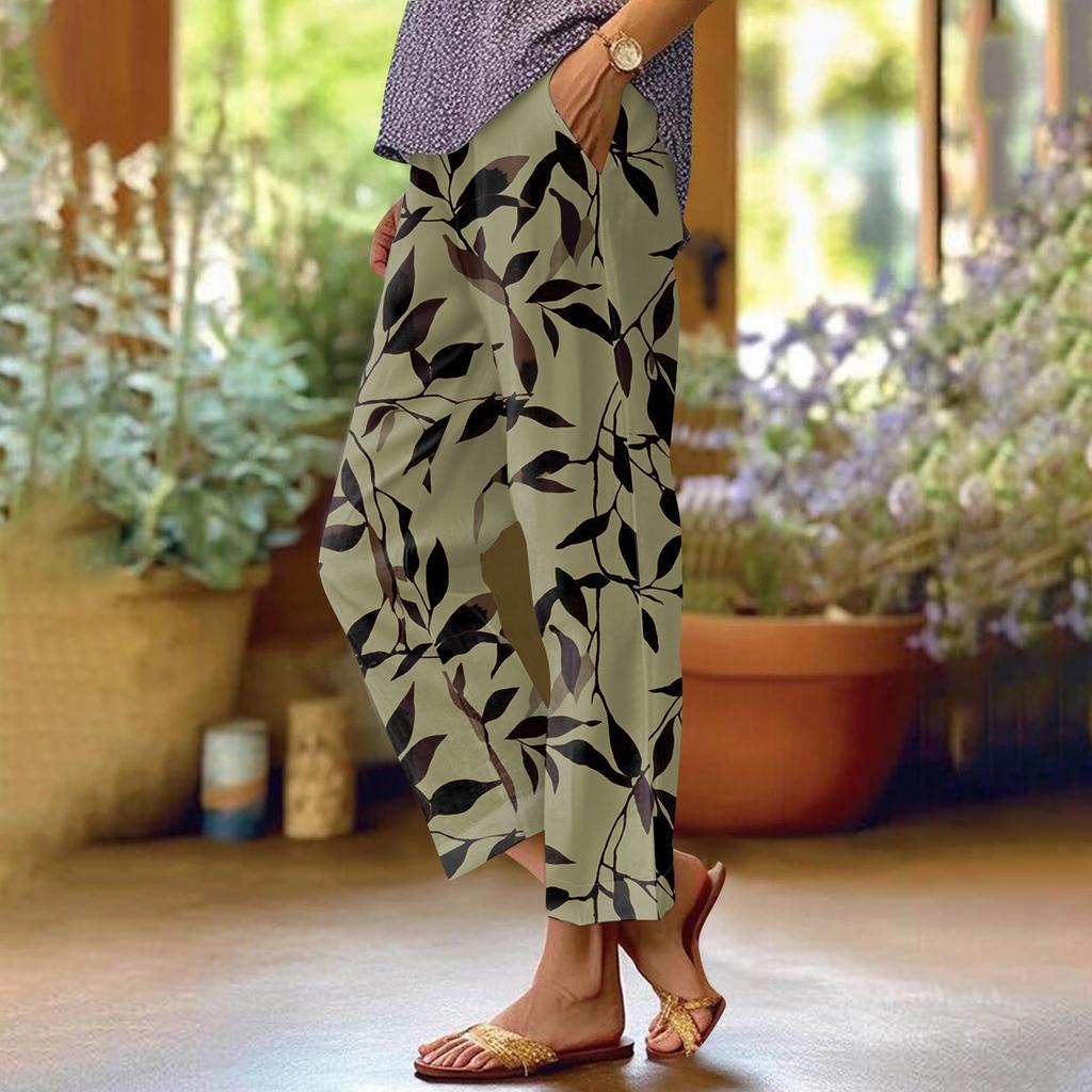 Women's Fashionable Floral Print Straight Leg Pocket Elastic Waist Casual Pants Pants