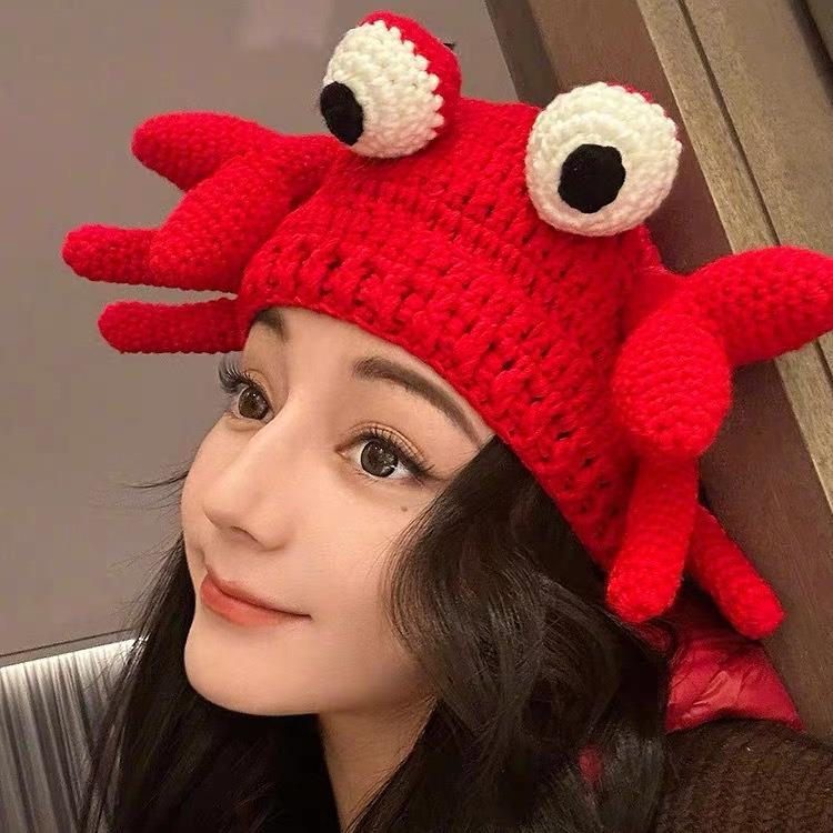 Забавный краб красный вязаная шапка милый мультяшный лик маленькая шапка-пуловер шерстяная шапка прилив