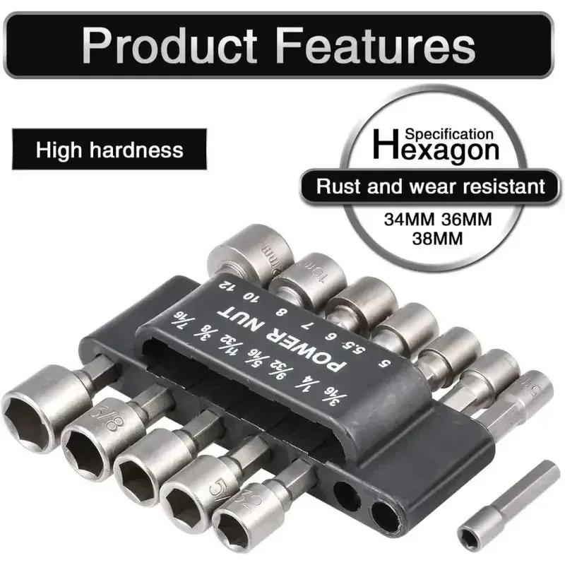 9/14pcs Power Nuts Driver Drill Bit Tools Set SAE and Metric Socket Wrench Screw 3/16~7/16,5~12mm Driver Hex Keys Wrench Set