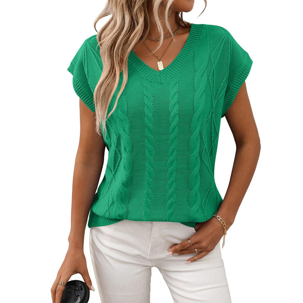 Women's Fashionable Solid Color V Neck Short Sleeved Pullover T-shirt Top