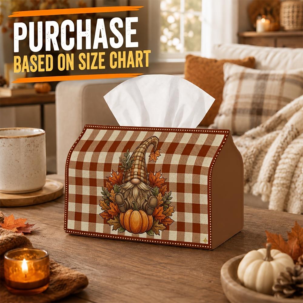 1pc Country Plaid Seasonal Fall Tissue Box with Gnome Pumpkin Botanical Decoration Napkin Storage Organizer for Kitchen, Car, Elegant Decorative Box,