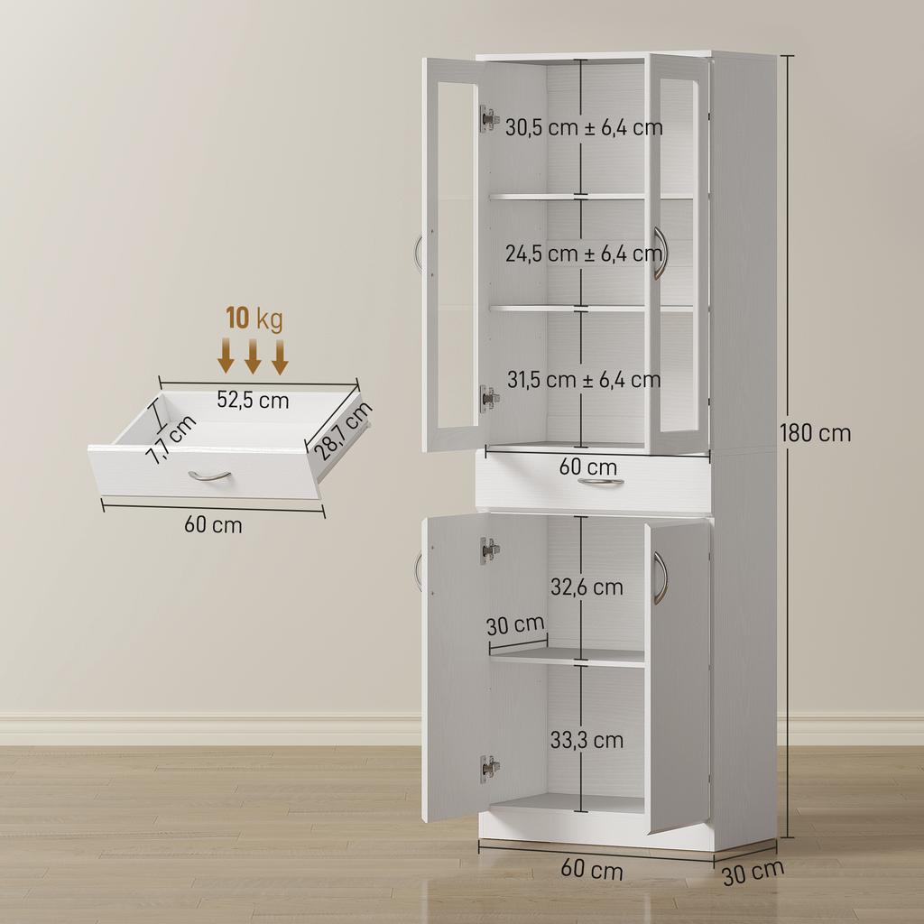 Kitchen Cabinet Buffet Cabinet with Adjustable Shelf Drawer 2 Cabinet Tall Cabinet with Glass Door 60 x 35 x 180 cm White