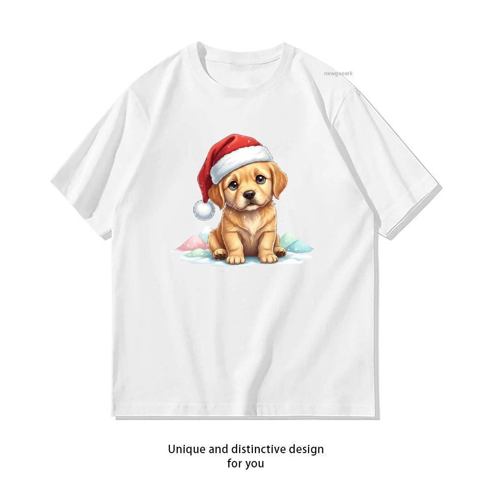 Adorable Plush Golden Retriever Puppy in Christmas Dog Tshirt Women Unisex Casual Cotton Graphic T Shirts Creative Streetwear