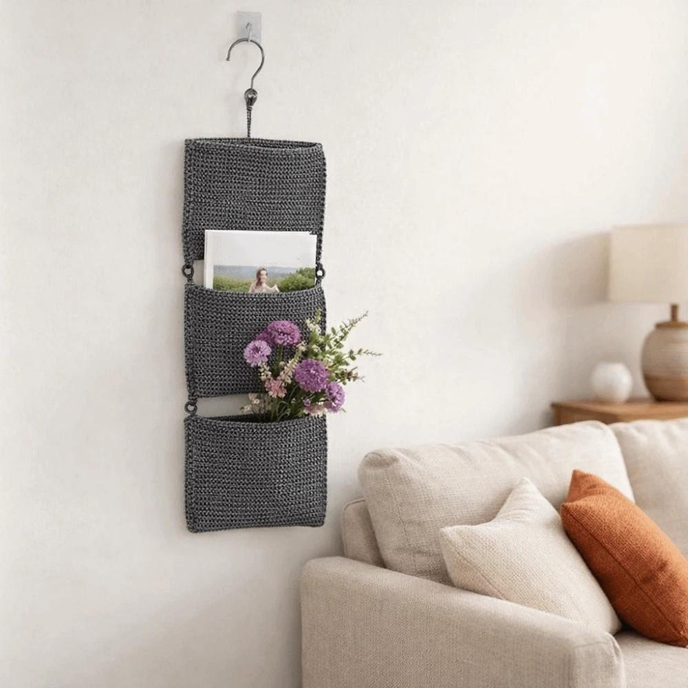 Folding Wall Mounted Storage Basket Washable Sundry Storage Bag Three Layers Hanging Bag  Magazines