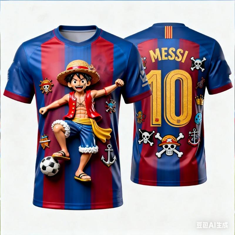 One Piece Luffy x Messi Football Jersey, Anime PrintedShort Sleeve T-Shirt For Sports Fans Casual Street Daily Wear