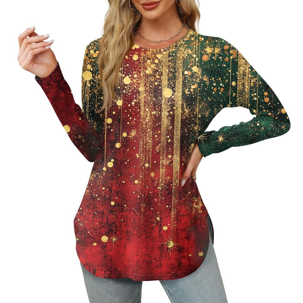 Womens Long Sleeve Round Neck Shirts Side Split Basic Loose Tunic Tops Christmas Print  Casual Shirts