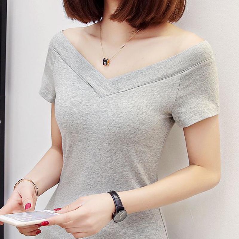 Летняя женская сексуальная футболка с глубоким V-образным вырезом и коротким рукавом, повседневная нерегулярная однотонная футболка большого размера