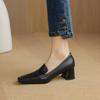 Fashion NEW Spring/Autumn Women Loafers Split Leather Shoes for Women Square Toe Chunky Heel Black Shoes Concise High Heel Women Pumps