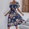 V-образный вырез с мелким цветочным принтом, простота, летняя горячая распродажа, женская одежда, платье с коротким рукавом, средняя юбка