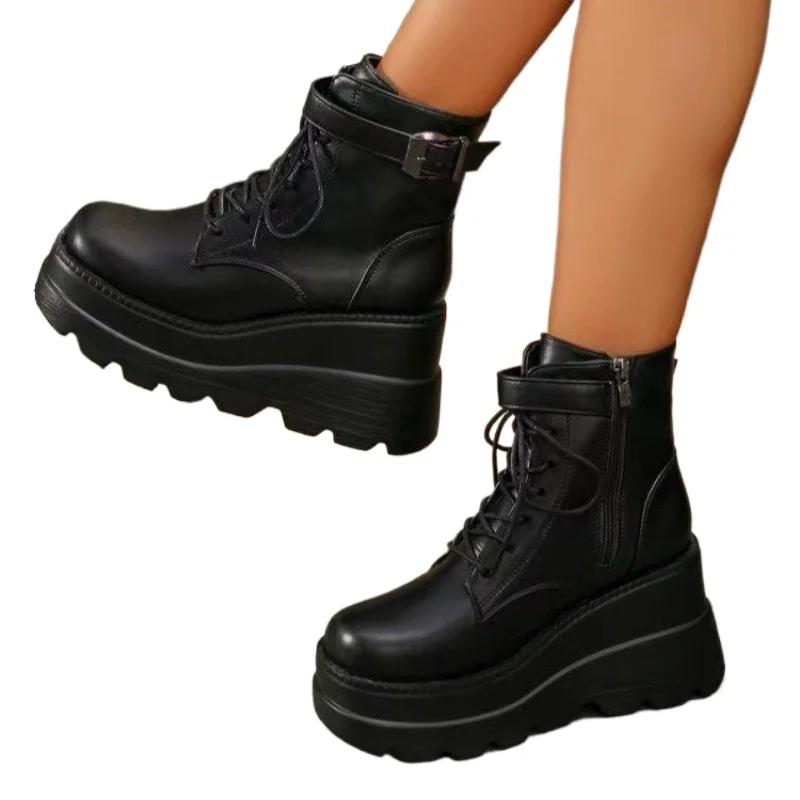 Модная женская обувь 2024 года, женские ботинки на платформе, ботильоны, современные ботинки, женские, однотонные, с боковой молнией, шнуровкой, пряжкой на поясе, на танкетке, женские