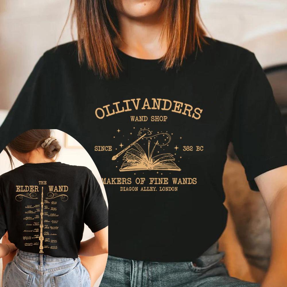 Футболки с волшебной палочкой Ollivanders Футболка с книжным магазином Wizard Футболки с волшебной палочкой Футболки с коротким рукавом в винтажном стиле унисекс с графикой Подарок HP Fan