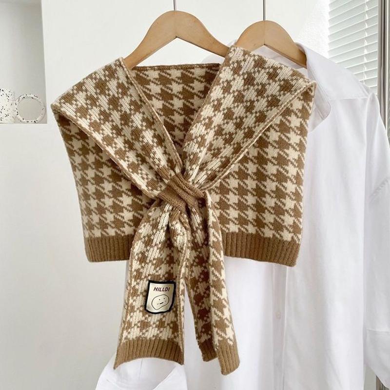 Korean Style Wool Knitted Warm Shawl Winter Blouse Shoulder Fake Collar Cloak Knitted Scarf Houndstooth Neck Scarf