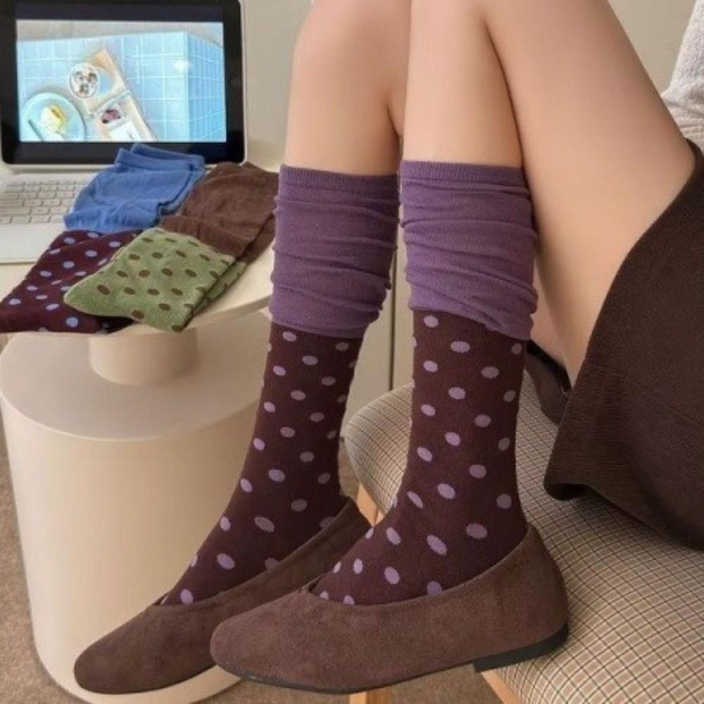 Contrast Top Slouchy Socks Polka Dot Pattern Stacked Socks Cute Mid Calf Socks  Daily Wear