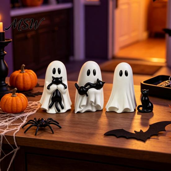 Cute Resin Ornament for Home Decor Halloween Ornament, Ghost Hugging A Black Cat Sculpture, Small Collectible Unique Figurine, Bedroom Entrance