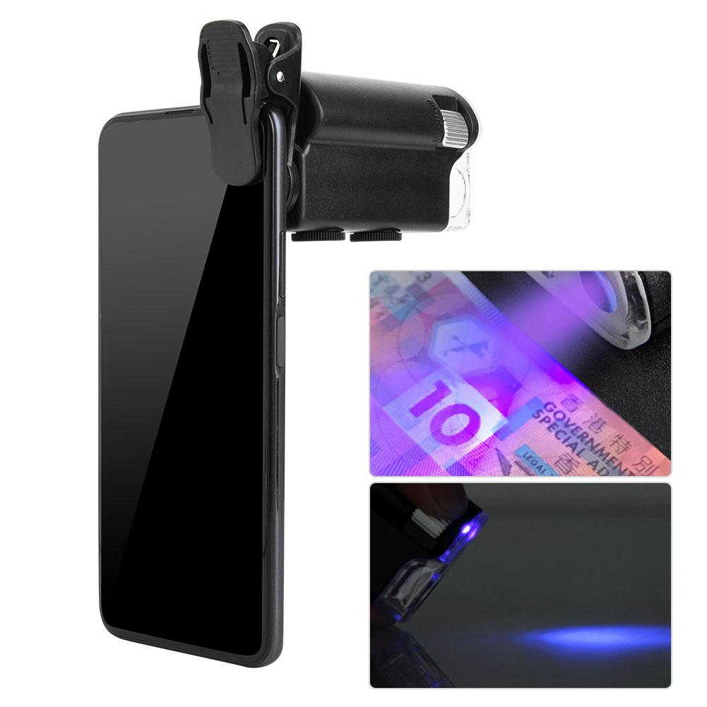 Микроскоп для телефона Увеличитель 60~100-кратное увеличение со светодиодной и УФ-подсветкой Наблюдение за крошечными объектами