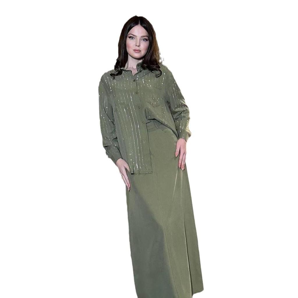 2024 Европейская и Американская Мода Комплект Рубашка с Длинным Рукавом и Юбка Миди