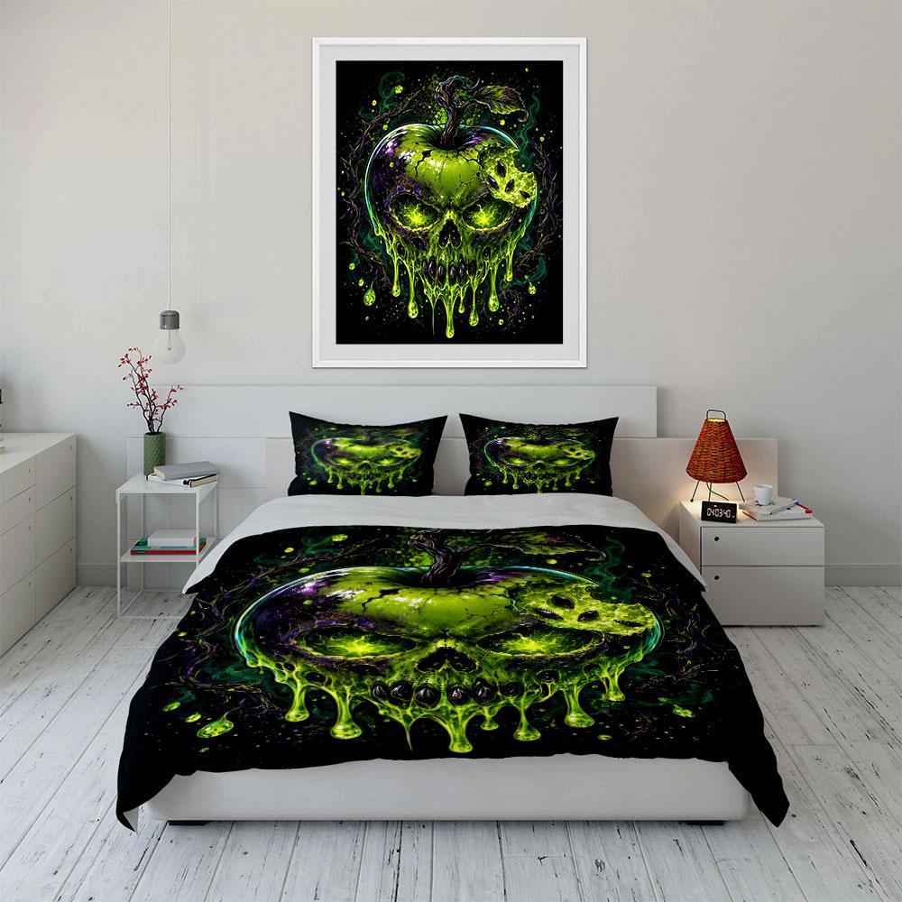 "Green Glowing Skull Apple Art" Bedding Duvet Cover Set (1*Duvet Cover 2*Pillowcases, without duvet insert)